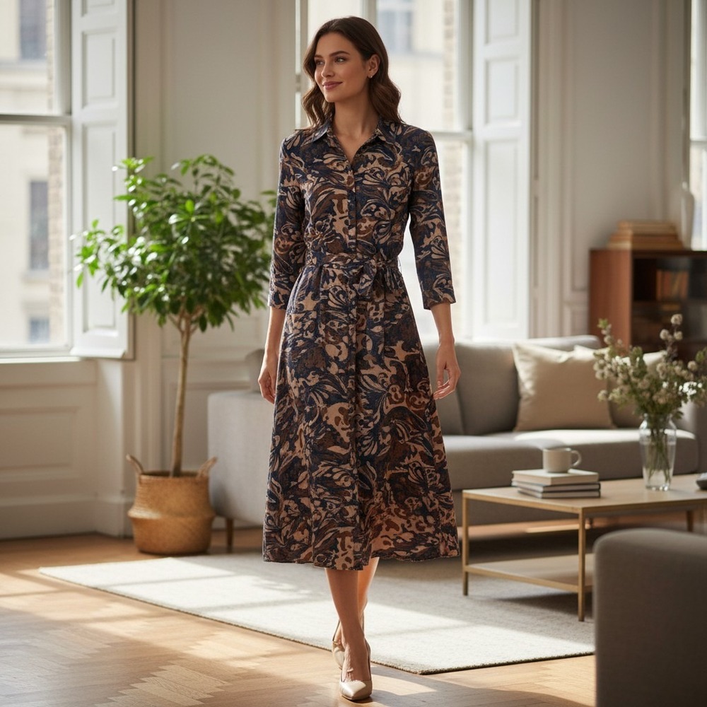 J.McLaughlin Midi Shirt Dress Silk Viscose Botanical Print Tie Waist Button Up M - Picture 2 of 13